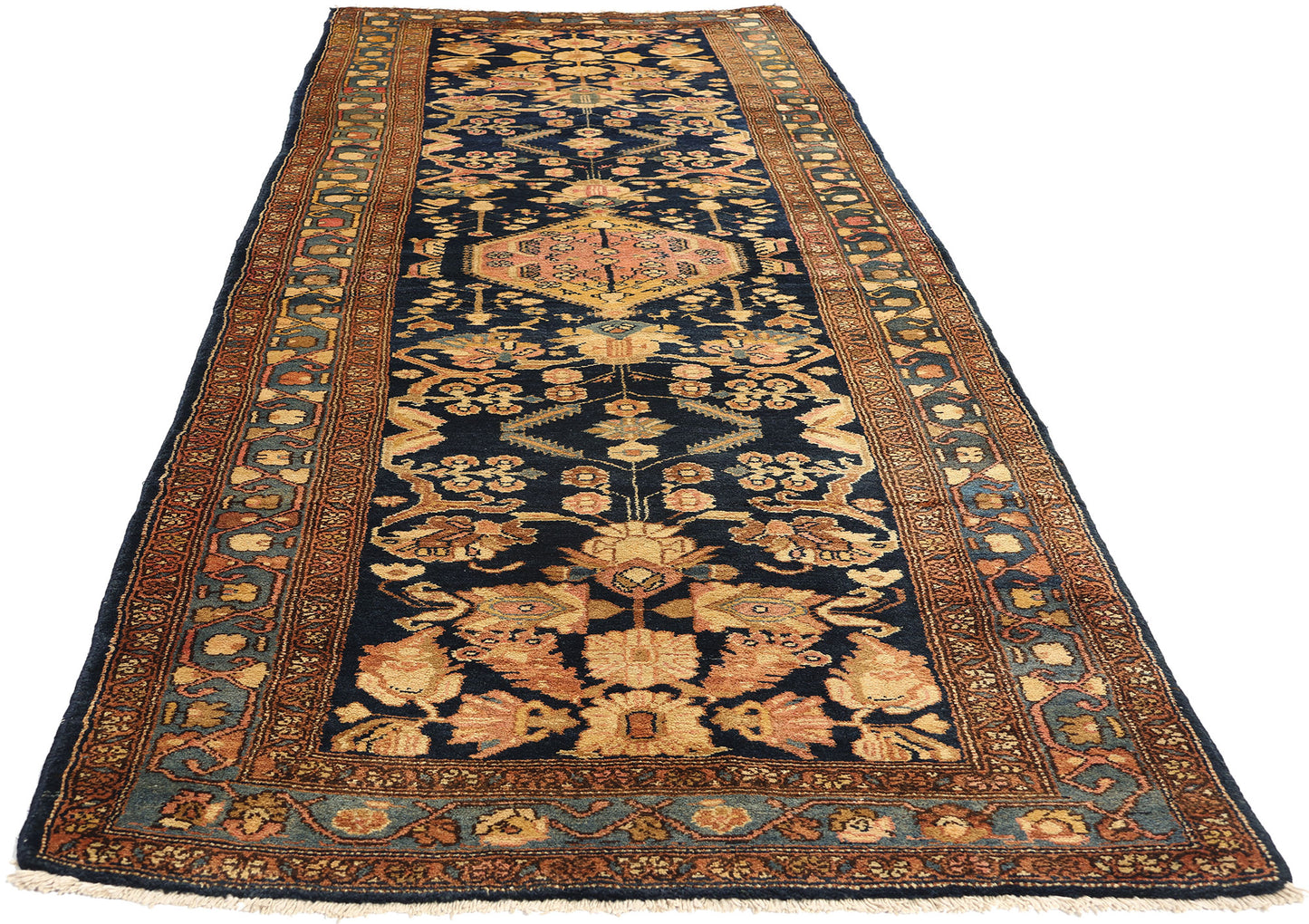 4 x 11 Antique Navy Blue Persian Hamadan Rug 73245