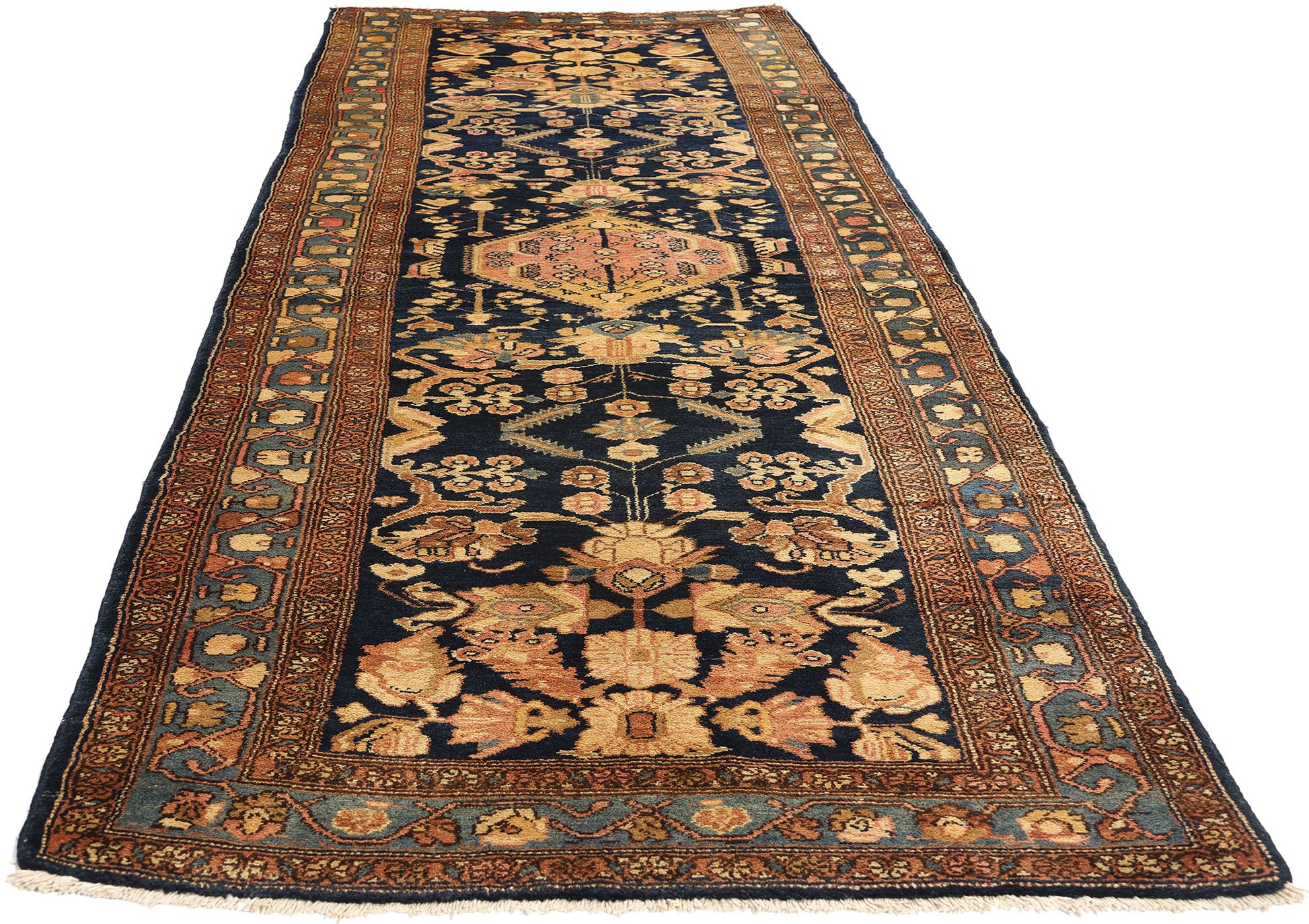 4 x 11 Antique Navy Blue Persian Hamadan Rug 73245