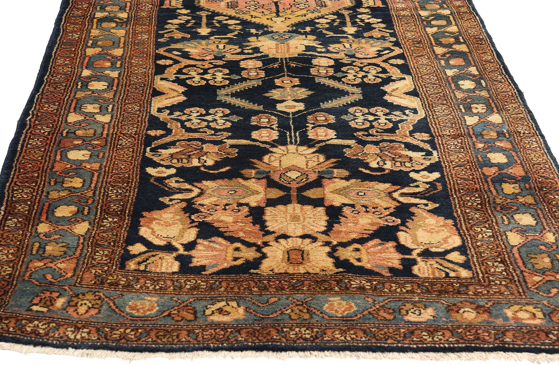 4 x 11 Antique Navy Blue Persian Hamadan Rug 73245