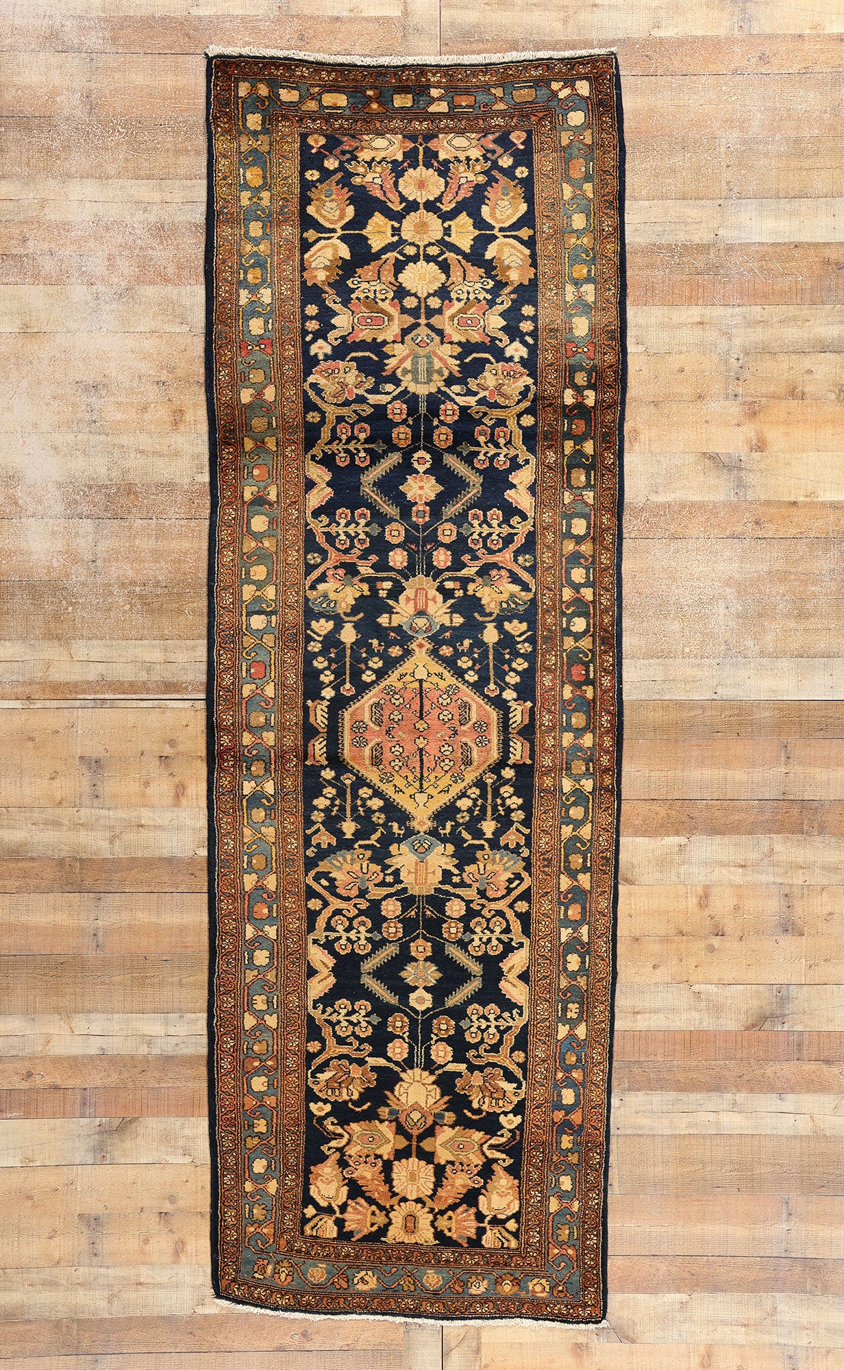 4 x 11 Antique Navy Blue Persian Hamadan Rug 73245