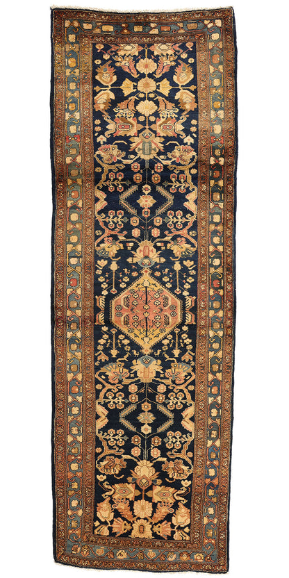 4 x 11 Antique Navy Blue Persian Hamadan Rug 73245
