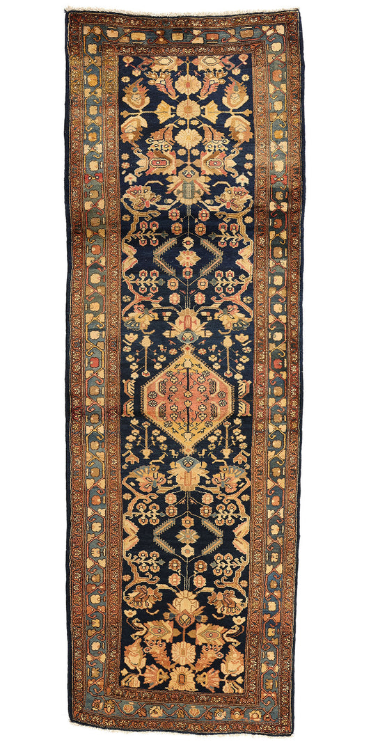 4 x 11 Antique Navy Blue Persian Hamadan Rug 73245