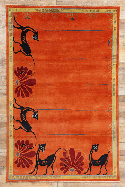 6 x 9 Modern Orange Chinese Art Deco Rug 31322