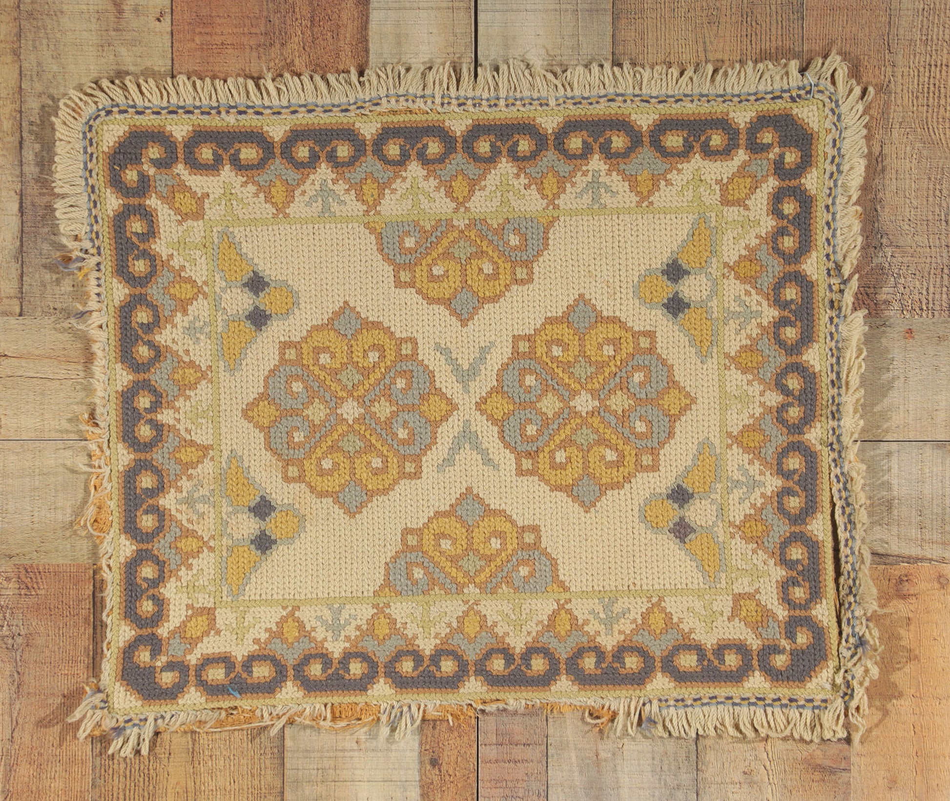 2 x 2 Antique Portuguese Needlepoint Arraiolos Rug 73318
