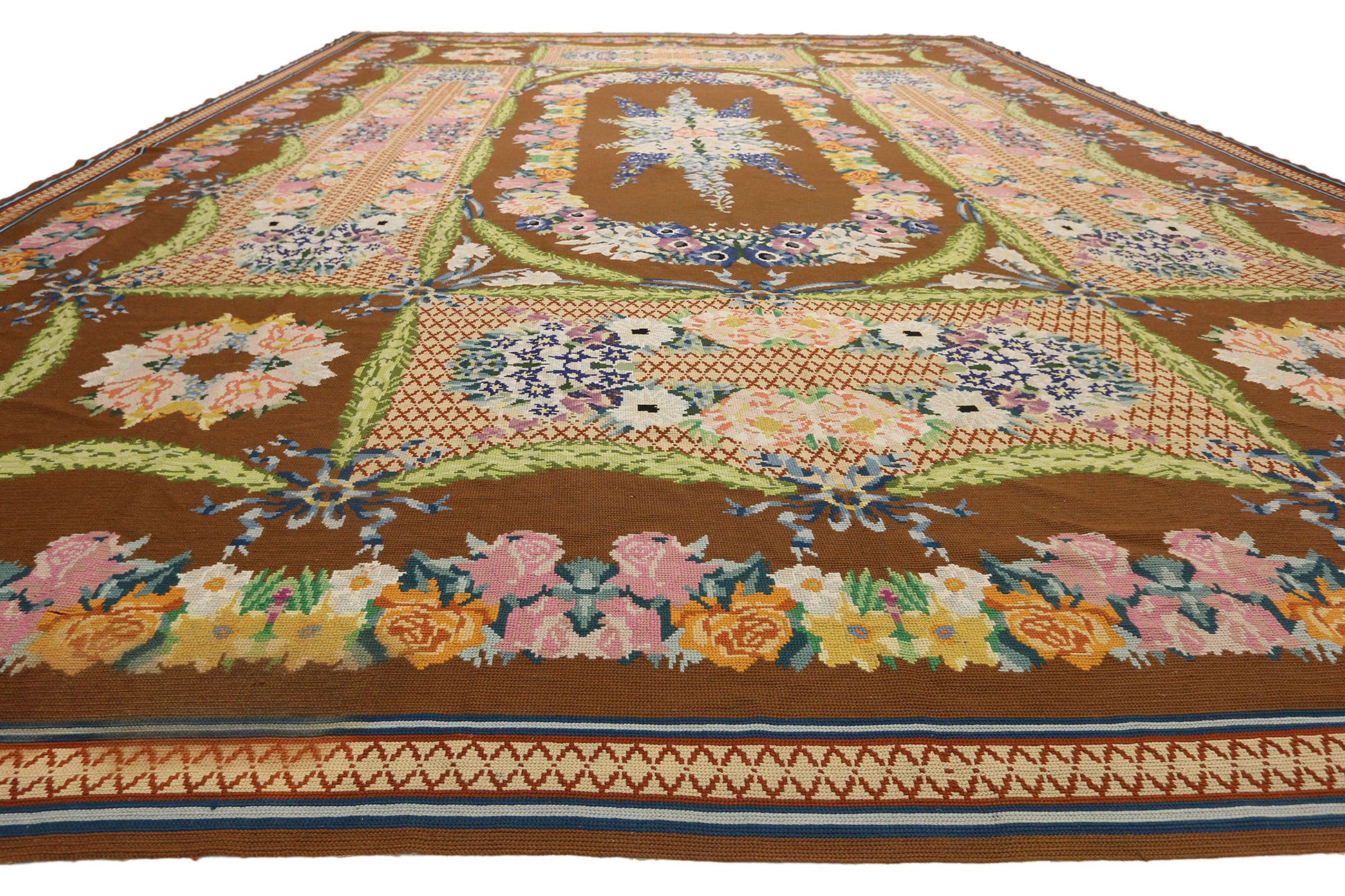 16 x 21 Antique Portuguese Needlepoint Arraiolos Rug 77321