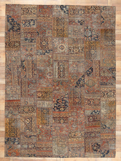 10 x 13 Vintage-Worn Persian Mahal Patchwork Rug 78601