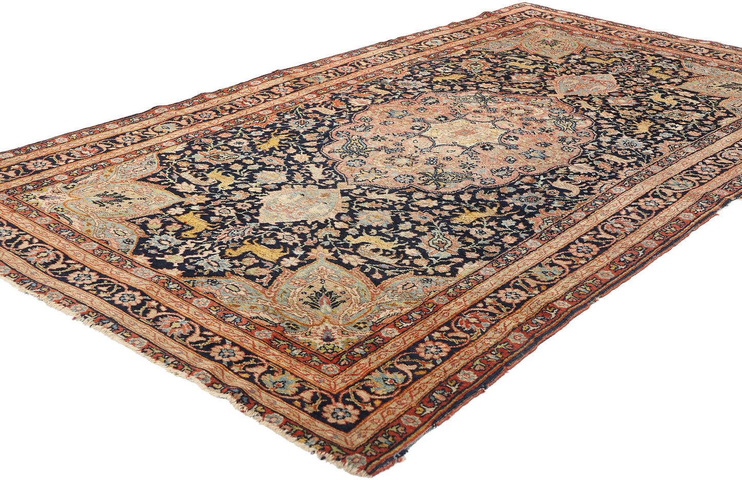 4 x 7 Antique Black Persian Tabriz Hunting Rug 78772