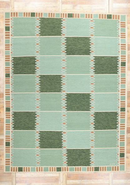 10 x 14 Scandinavian Modern Green Swedish Inspired Kilim Rug 31111