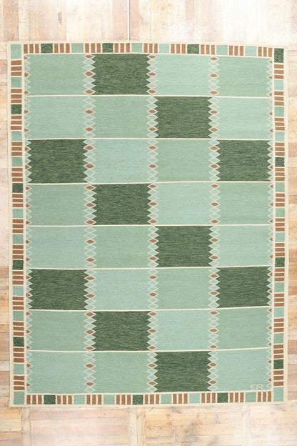 10 x 14 Scandinavian Modern Green Swedish Inspired Kilim Rug 31113