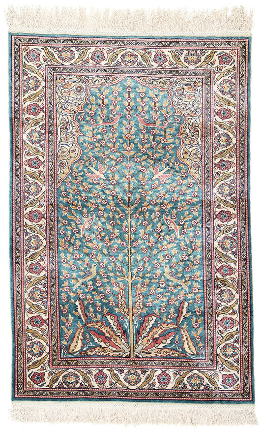 3 x 4 Vintage Turkish Silk Kayseri Tree of Life Prayer Rug 78777