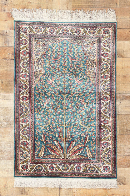 3 x 4 Vintage Turkish Silk Kayseri Tree of Life Prayer Rug 78777