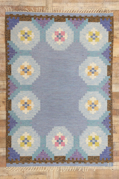 5 x 8 Ragnar Edberg Vintage Blue Swedish Rollakan Rug 78822