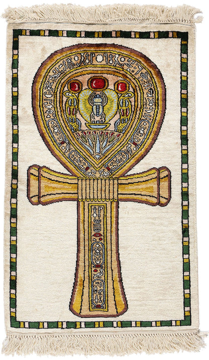 1 x 2 Vintage Egyptian Ankh Motif Turkish Silk Rug 78745