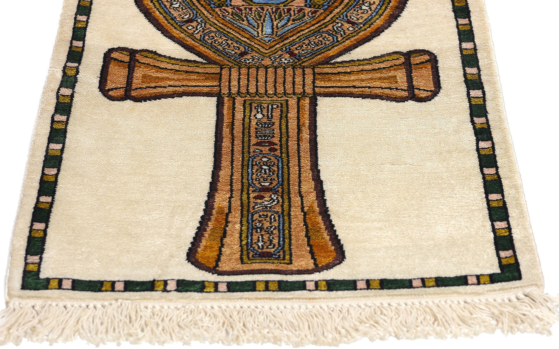 1 x 2 Vintage Egyptian Ankh Motif Turkish Silk Rug 78745