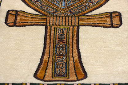 1 x 2 Vintage Egyptian Ankh Motif Turkish Silk Rug 78745
