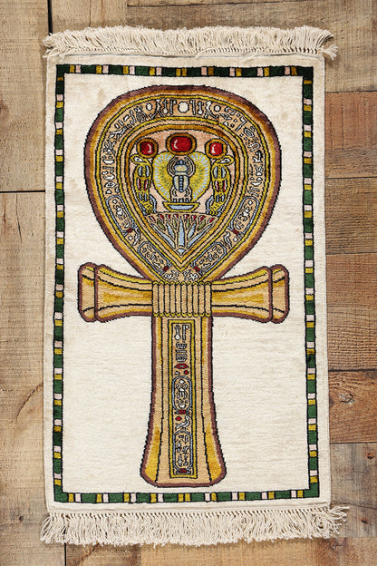 1 x 2 Vintage Egyptian Ankh Motif Turkish Silk Rug 78745
