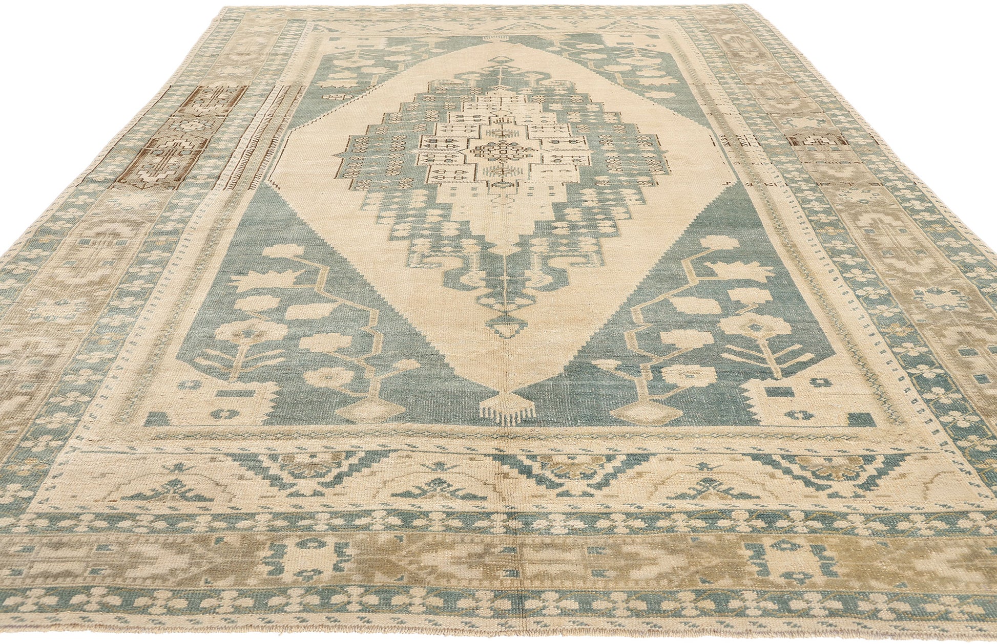 7 x 11 Vintage Green Turkish Oushak Rug 53681
