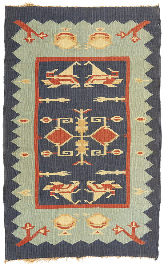 3 x 5 Vintage Oltenian Romanian Bird Kilim Rug 78789