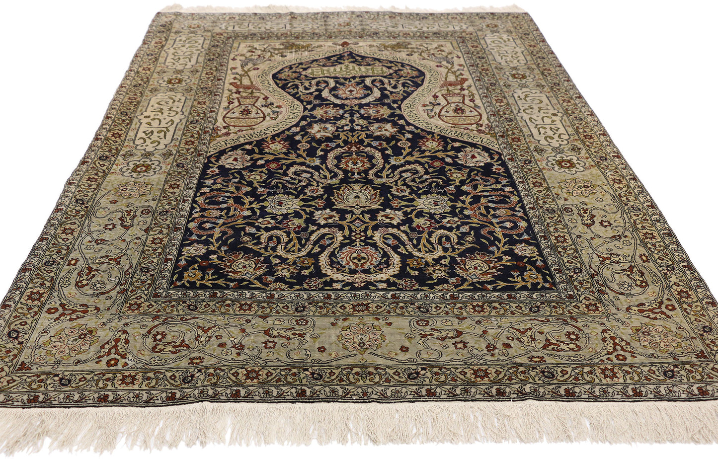 4 x 6 Vintage Turkish Silk Hereke Prayer Rug 77218