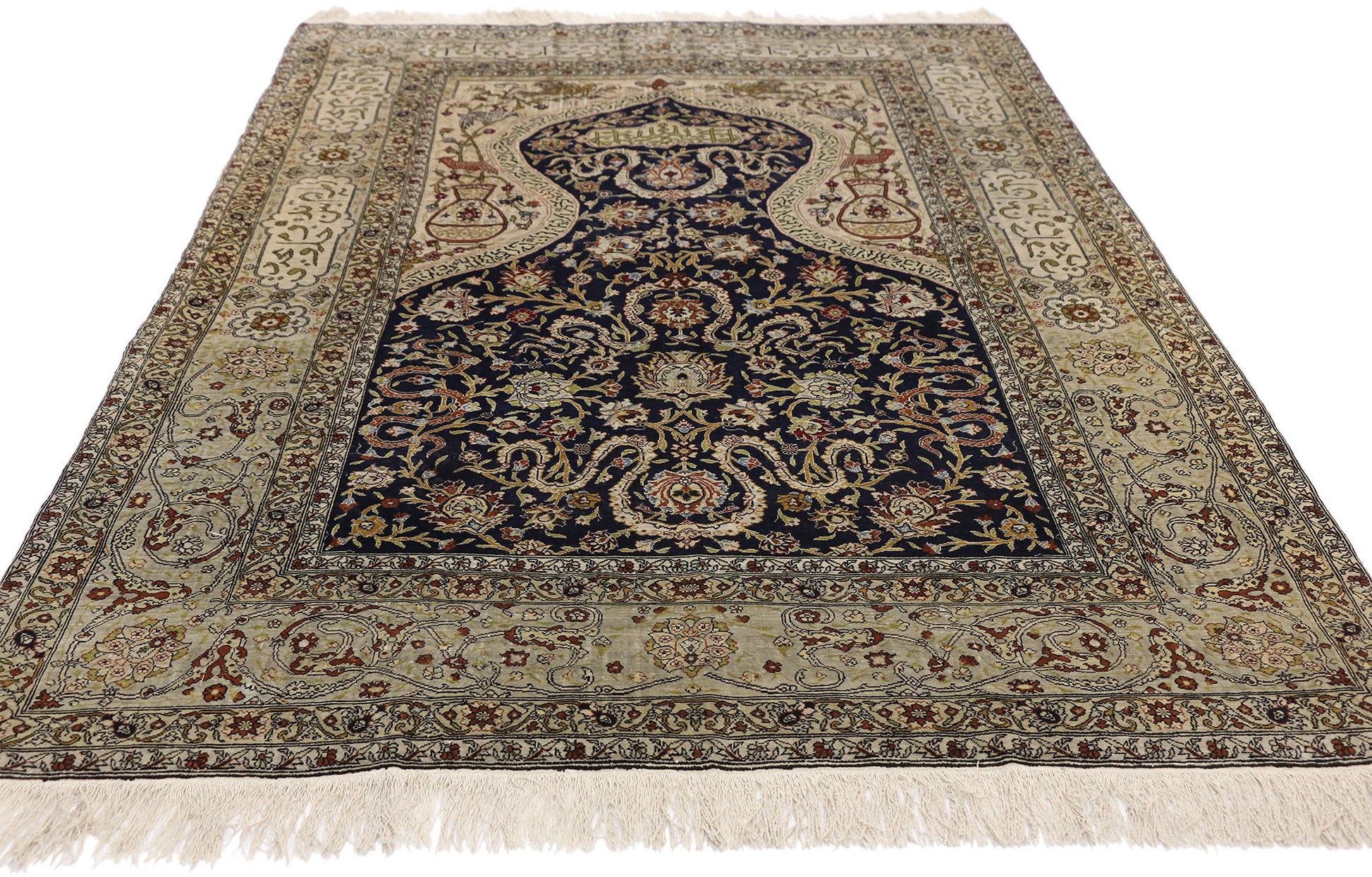 4 x 6 Vintage Turkish Silk Hereke Prayer Rug 77218