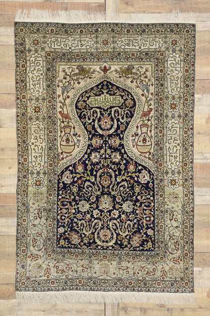 4 x 6 Vintage Turkish Silk Hereke Prayer Rug 77218