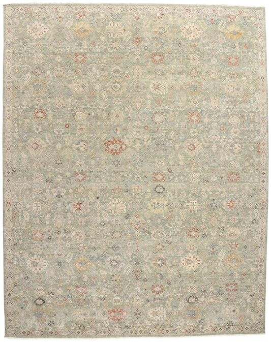 12 x 15 Vintage-Inspired Modern Green Oushak Rug 31074