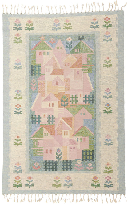 5 x 7 Vintage Swedish Pictorial Rollakan Rug 78819