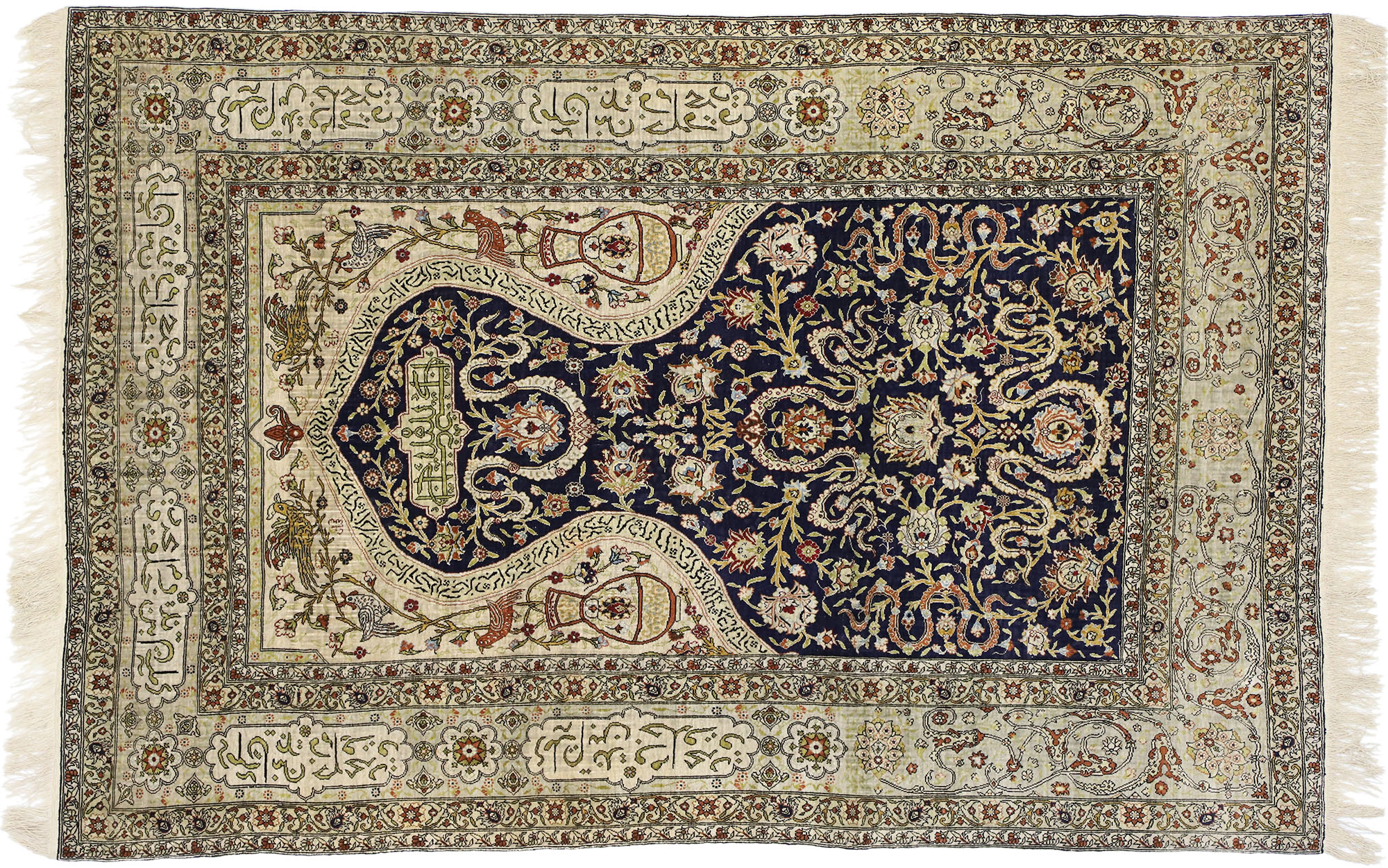 Vintage Turkish Hereke Koum Kapi Design Silk Prayer Rug