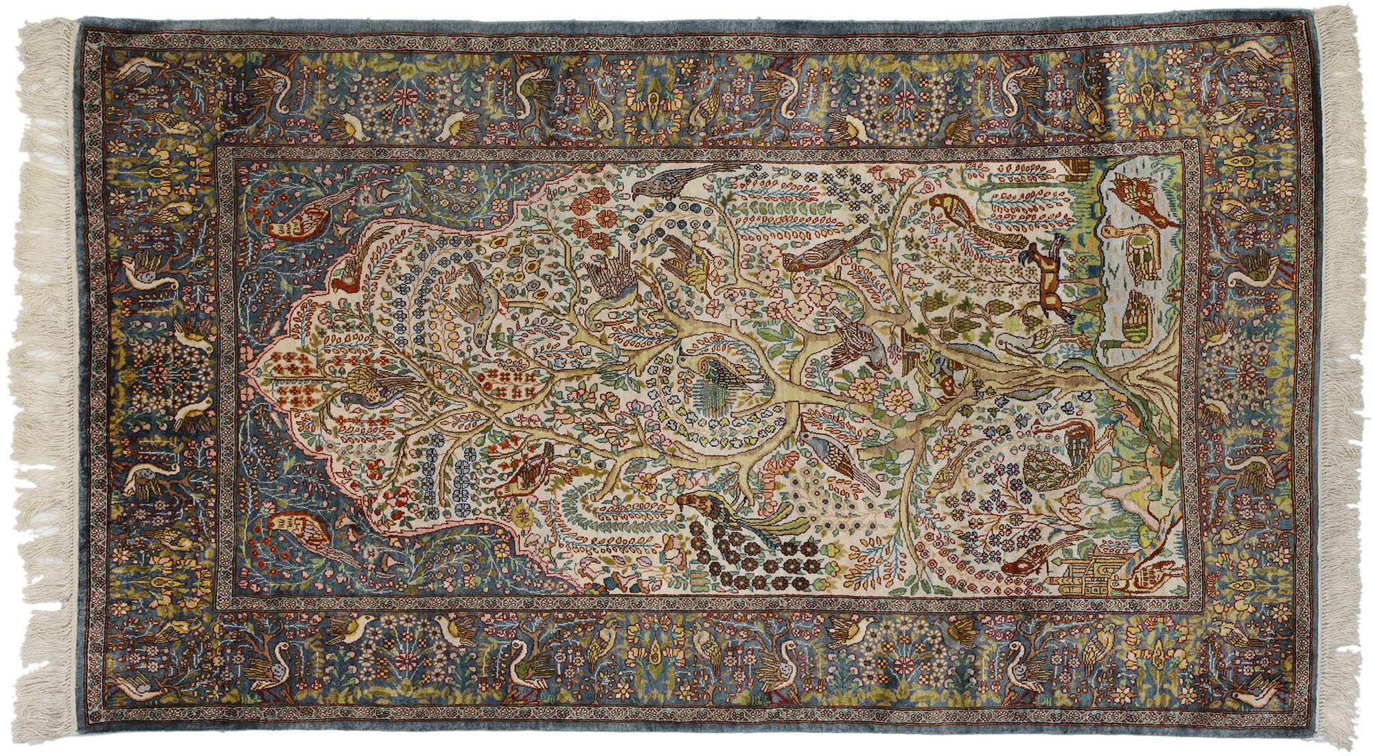 Tree of Life Design Vintage Hereke Turkish Prayer Rug, Garden of Paradise Tapestry Wall Hanging