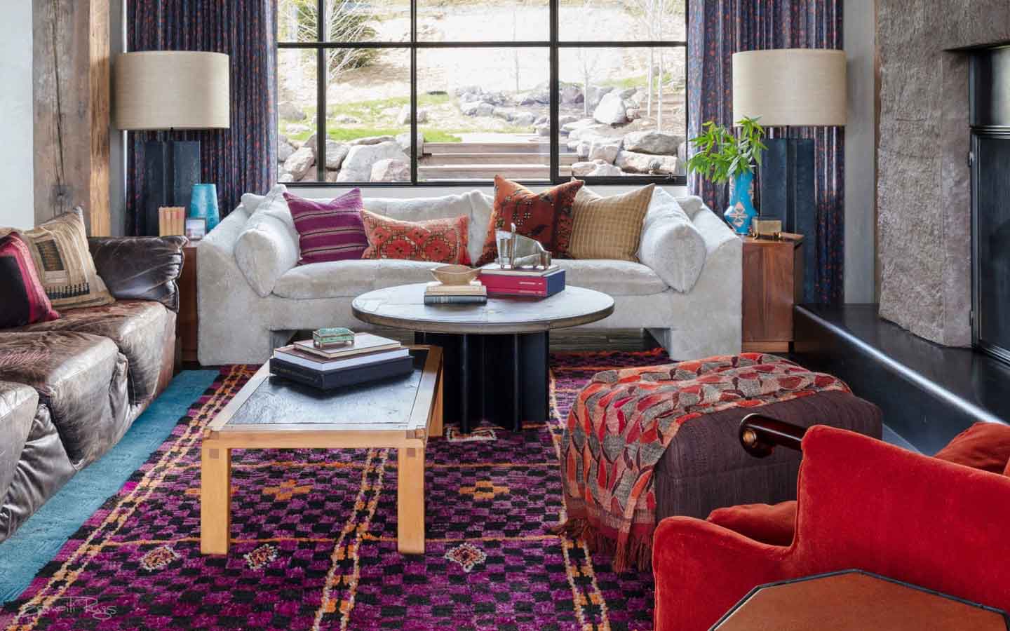 Moroccan Rugs Decorating Family Room Fireplace Mountain House