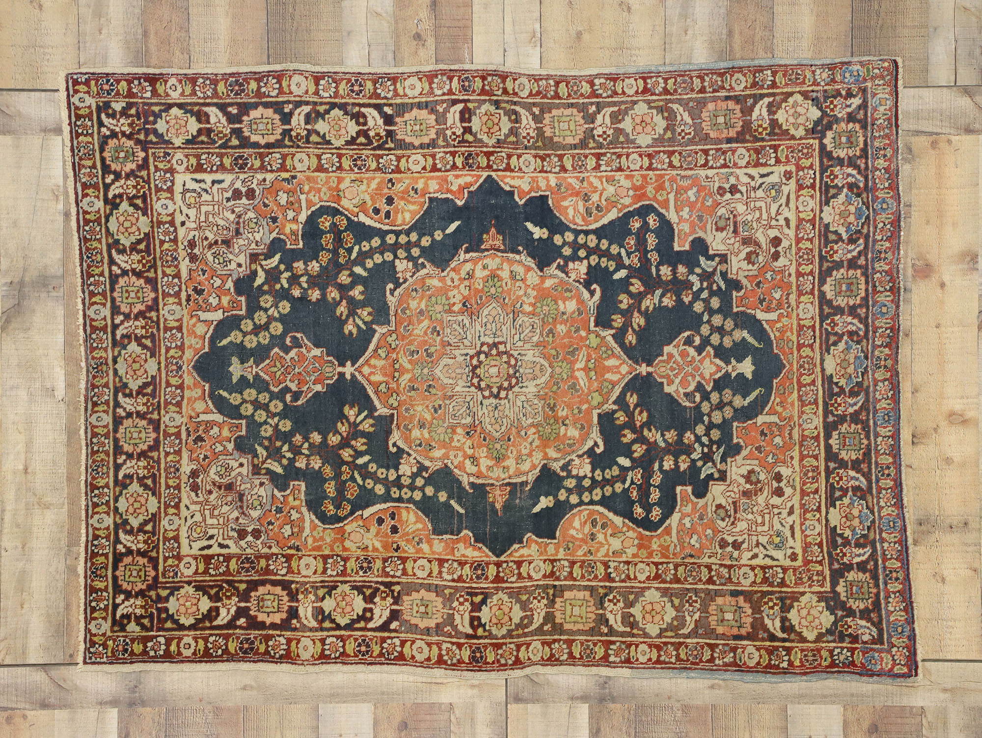 Semi-Antique Persian Mud Rug, Mahi Design ~1970