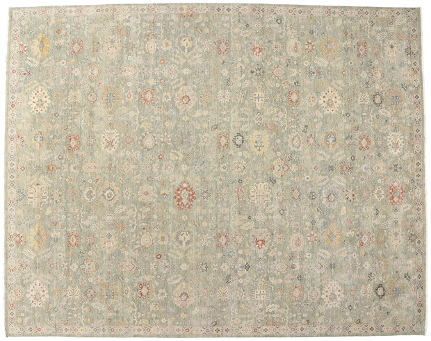 12 x 15 Vintage-Inspired Modern Green Oushak Rug 31074