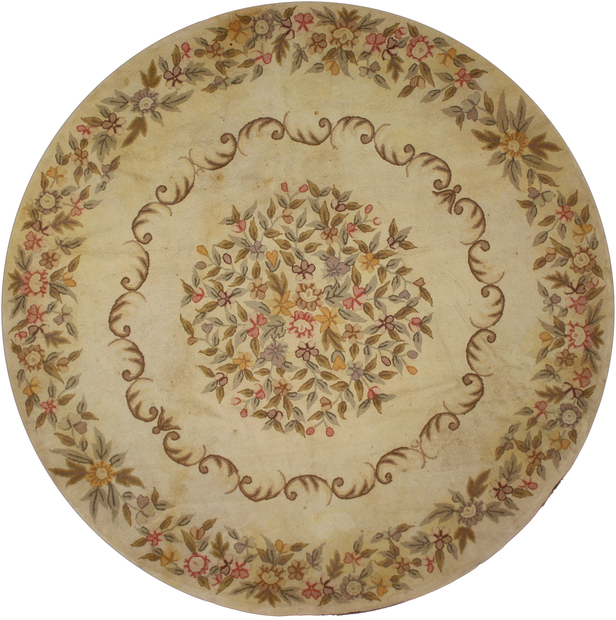 8 x 8 Antique Floral Hooked Round Rug with French Aubusson and Savonnerie Style 70688
