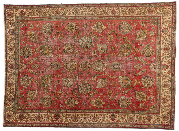 9 x 13 Distressed Antique Red Persian Tabriz Rug 74329