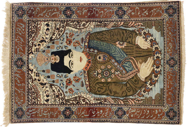 2 x 3 Antique Persian Mohtasham Kashan Pictorial Rug 77162