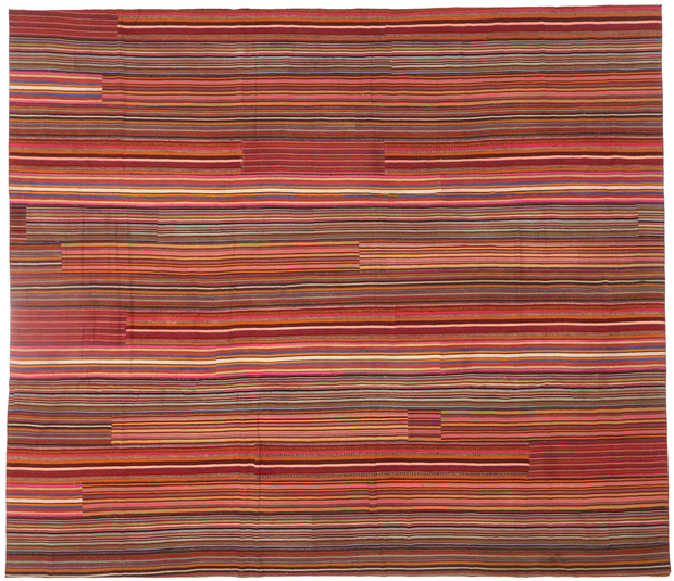 13 x 15 Distressed Vintage Turkish Striped Kilim Rug with Modern Rustic Cabin Style 60807