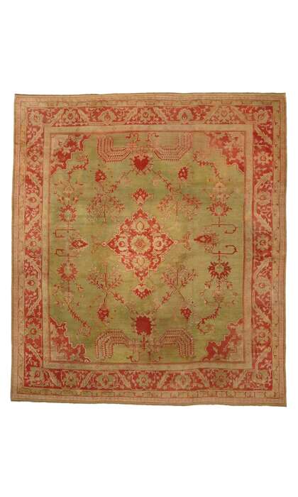 14 x 16 Late 19th Century Antique Green Turkish Oushak Rug 74173