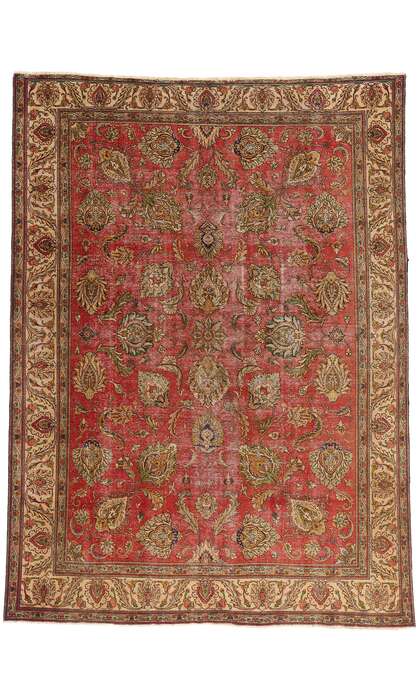 9 x 13 Distressed Antique Red Persian Tabriz Rug 74329