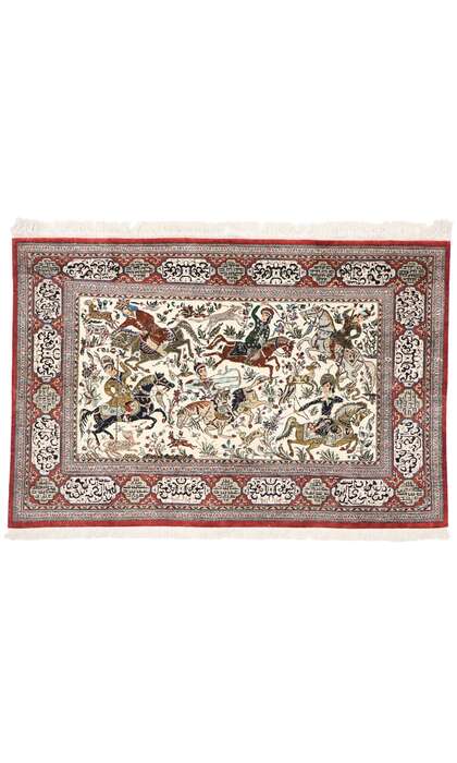 3 x 5 Vintage Persian Silk Qum Hunting Rug 77865