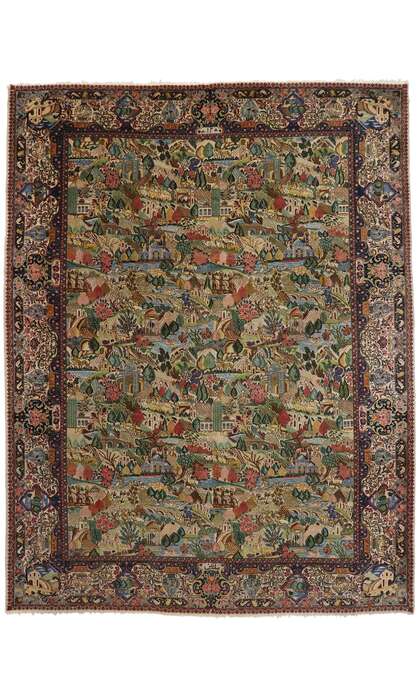 11 x 15 Antique Persian Tabriz Village Pictorial Rug with Signature 77660