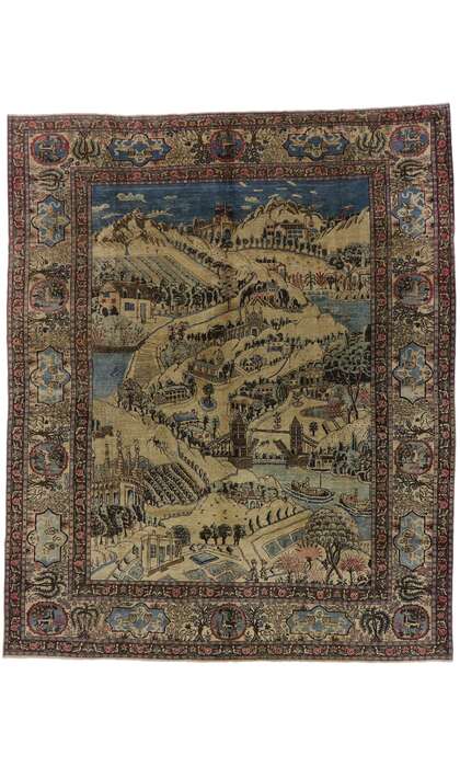 9 x 12 Distressed Antique Persian Tabriz Pictorial Rug with Cartouche Border 53653