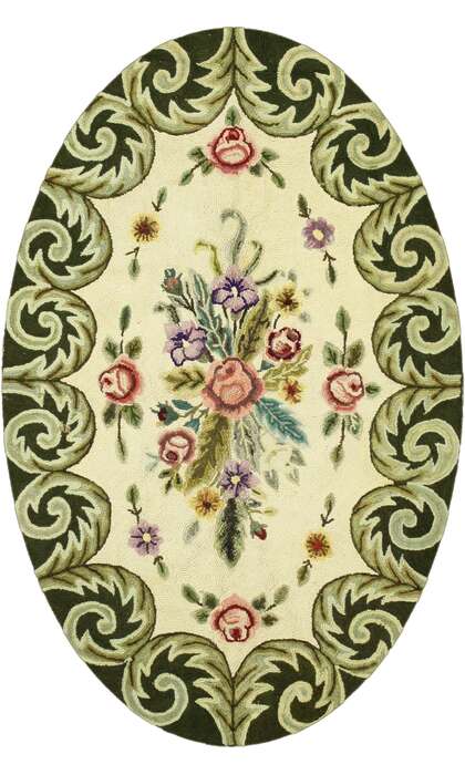 4 x 6 Antique Chinese Floral Hooked Oval Rug with French Aubusson and Savonnerie Style 70484