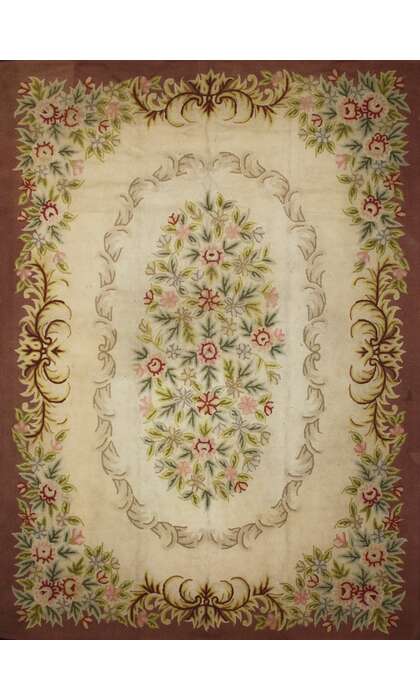 9 x 12 Antique Chinese Hooked Floral Area Rug with French Victorian Aubusson Style 70625