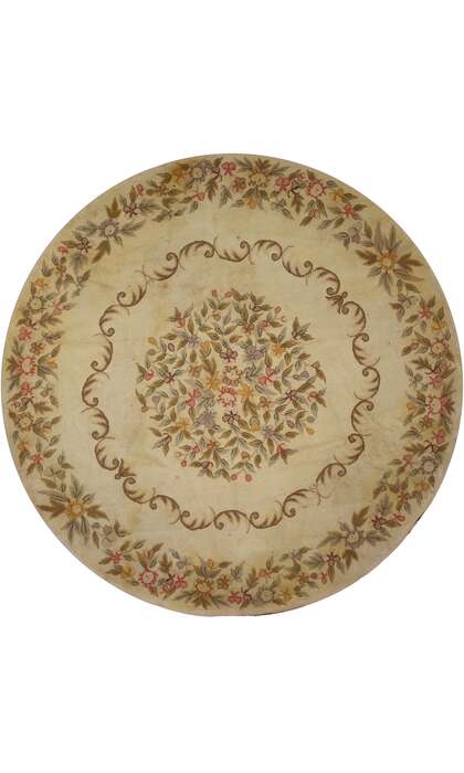 8 x 8 Antique Floral Hooked Round Rug with French Aubusson and Savonnerie Style 70688