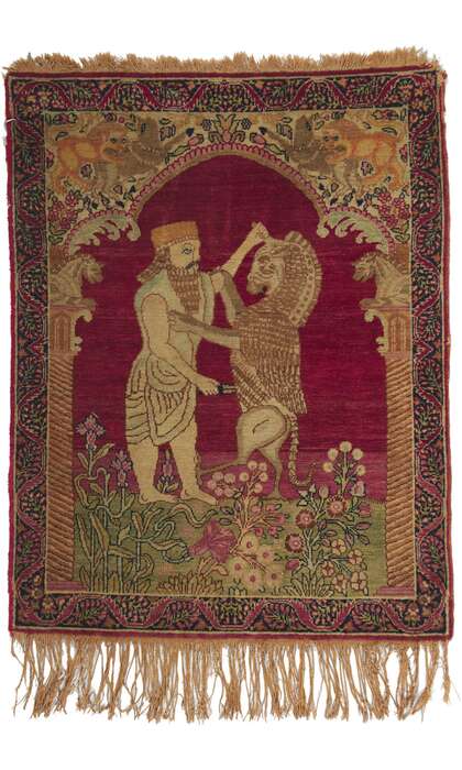 2 x 3 Antique Persian Kerman Pictorial Rug 74271