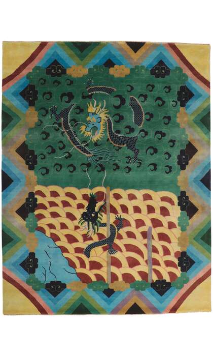 10 x 13 Chinese Art Deco Dragon Rug 30819