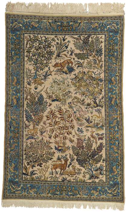 5 x 7 Vintage Persian Hunting Qum Rug 77513