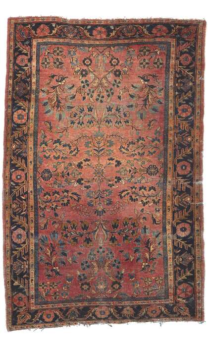 4 x 7 Antique-Worn Persian Sarouk Rug 78655