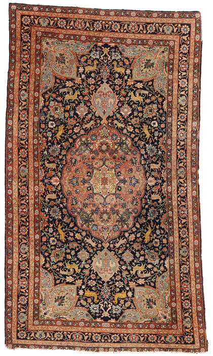 4 x 7 Antique Persian Tabriz Rug Safavid Medallion and Animal Carpet 78772