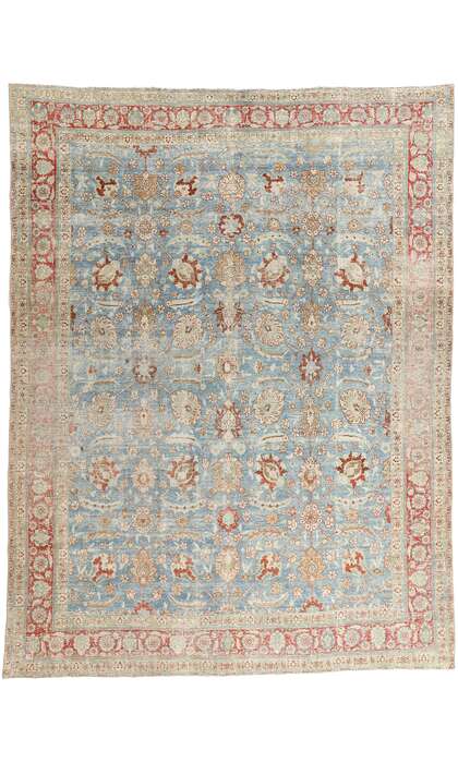 9 x 12 Distressed Antique-Worn Blue Persian Tabriz Rug 53174